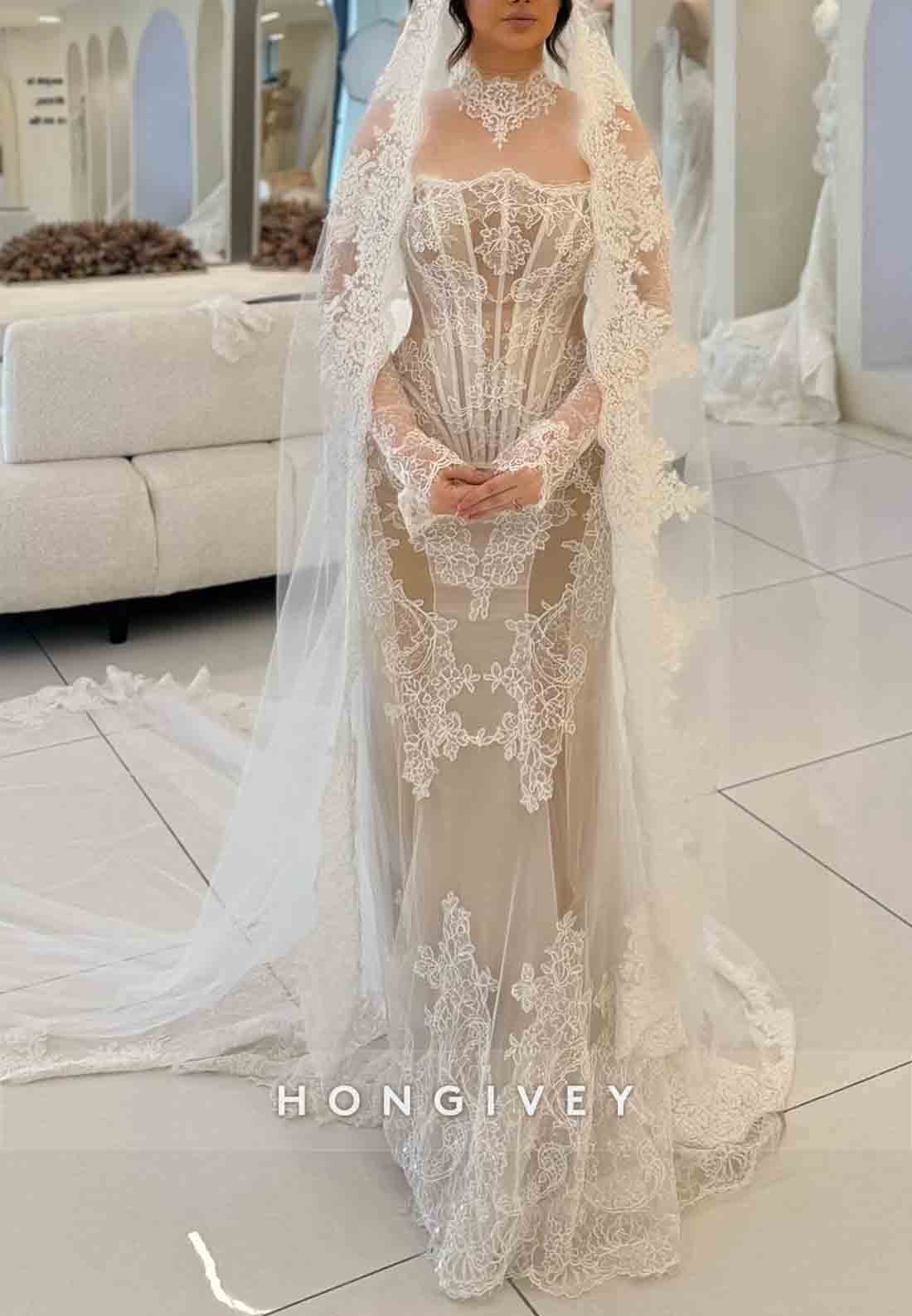 Lace High Neck Mermaid Corset Long Sleeves Illusion Wedding Dresses