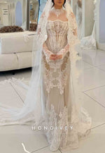 Lace High Neck Mermaid Corset Long Sleeves Illusion Wedding Dresses
