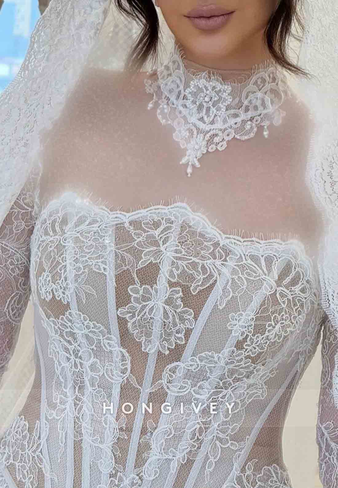 Lace High Neck Mermaid Corset Long Sleeves Illusion Wedding Dresses