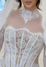 Lace High Neck Mermaid Corset Long Sleeves Illusion Wedding Dresses