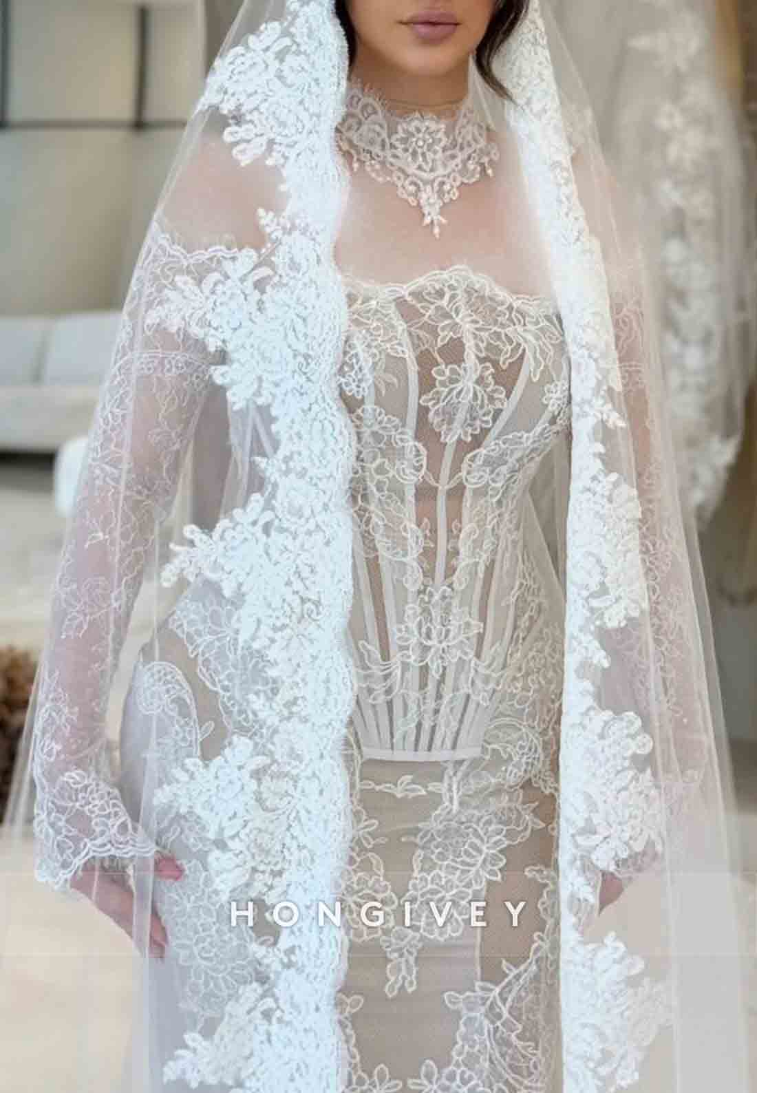 Lace High Neck Mermaid Corset Long Sleeves Illusion Wedding Dresses