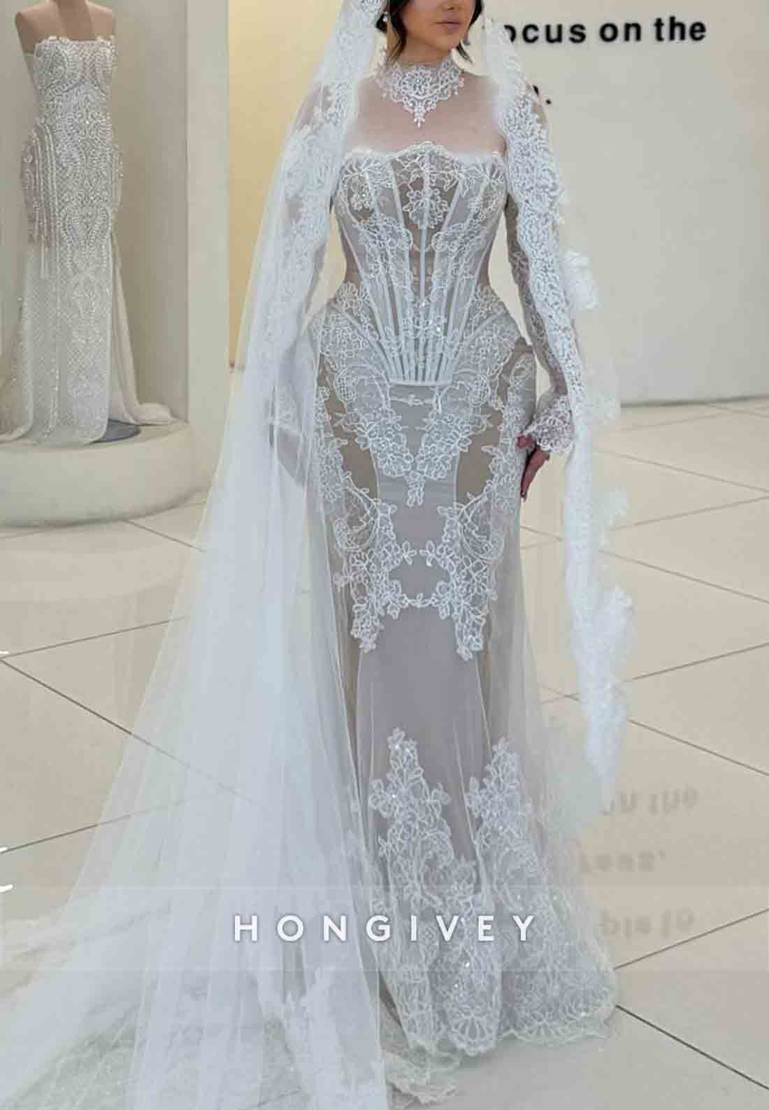 Lace High Neck Mermaid Corset Long Sleeves Illusion Wedding Dresses