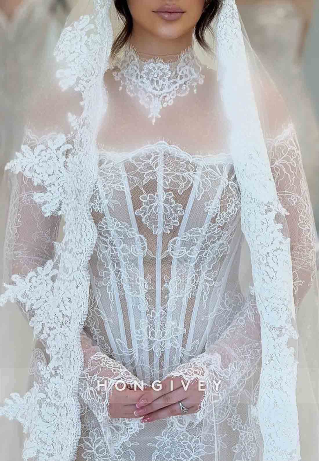 Lace High Neck Mermaid Corset Long Sleeves Illusion Wedding Dresses
