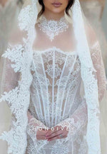 Lace High Neck Mermaid Corset Long Sleeves Illusion Wedding Dresses