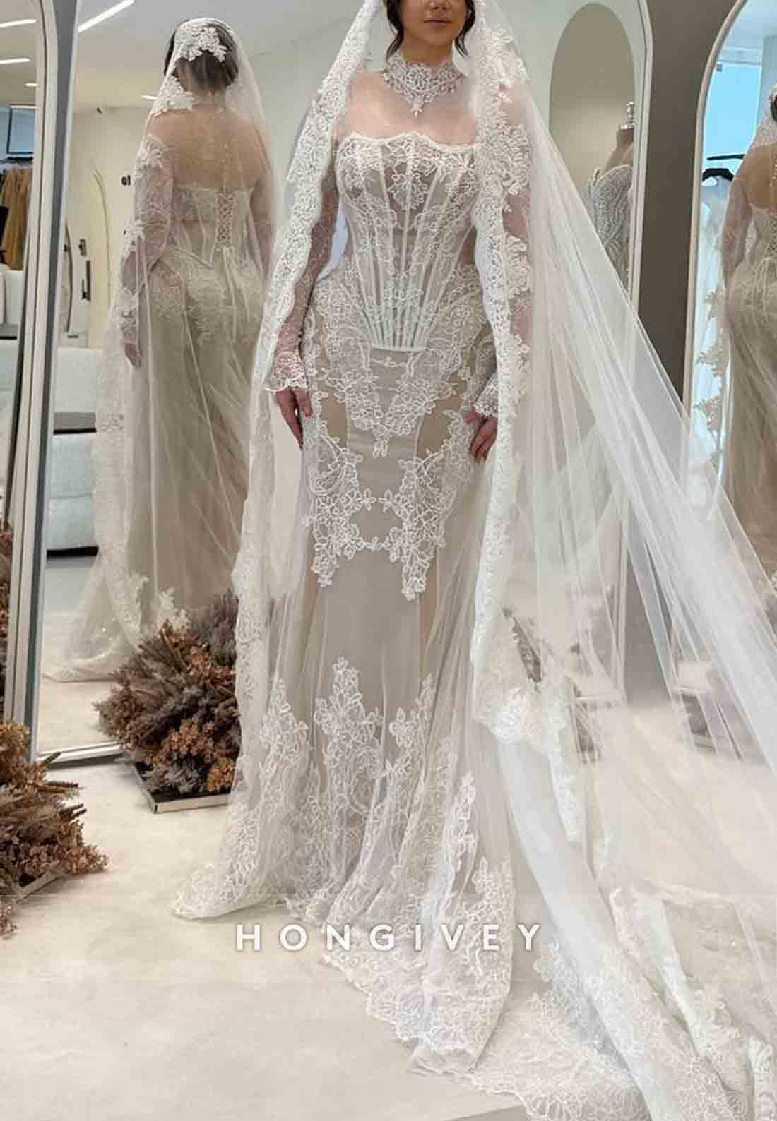 Lace High Neck Mermaid Corset Long Sleeves Illusion Wedding Dresses
