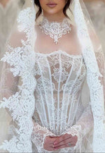 Lace High Neck Mermaid Corset Long Sleeves Illusion Wedding Dresses
