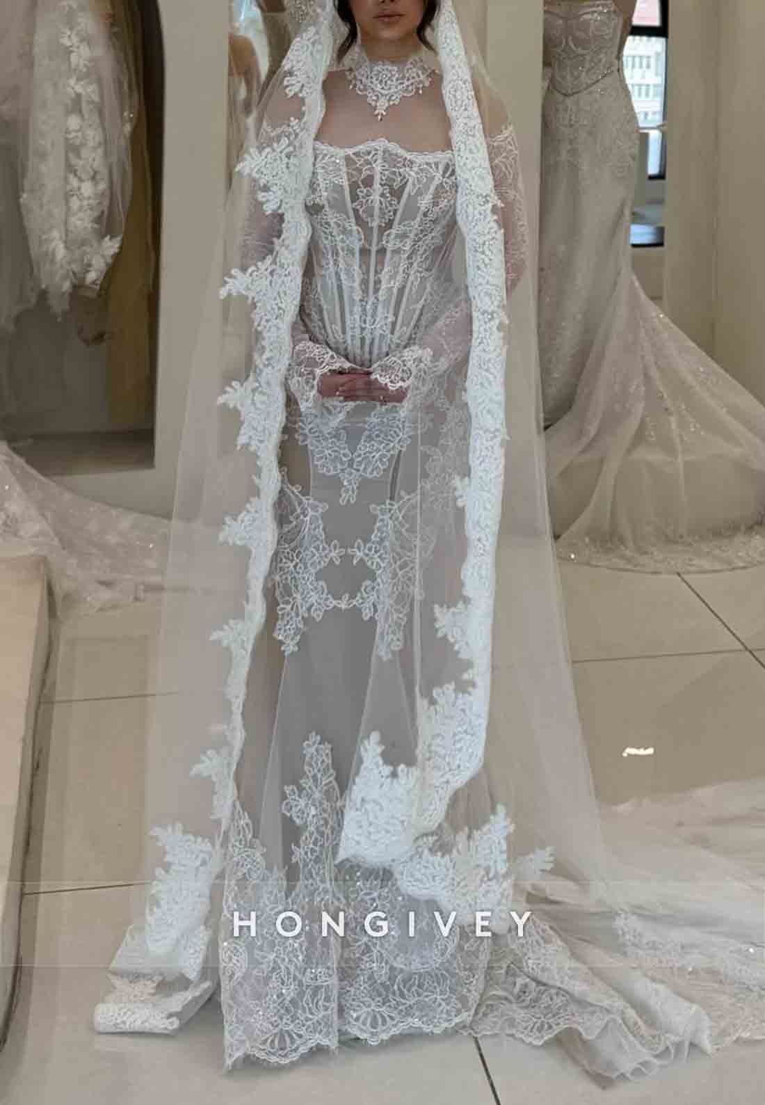 Lace High Neck Mermaid Corset Long Sleeves Illusion Wedding Dresses