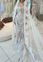 Lace High Neck Mermaid Corset Long Sleeves Illusion Wedding Dresses