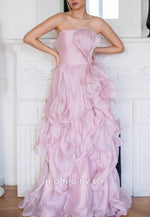 Strapless Light Pink Bowknot Floor-Length Evening Gowns with Ruffles