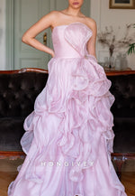 Strapless Light Pink Bowknot Floor-Length Evening Gowns with Ruffles
