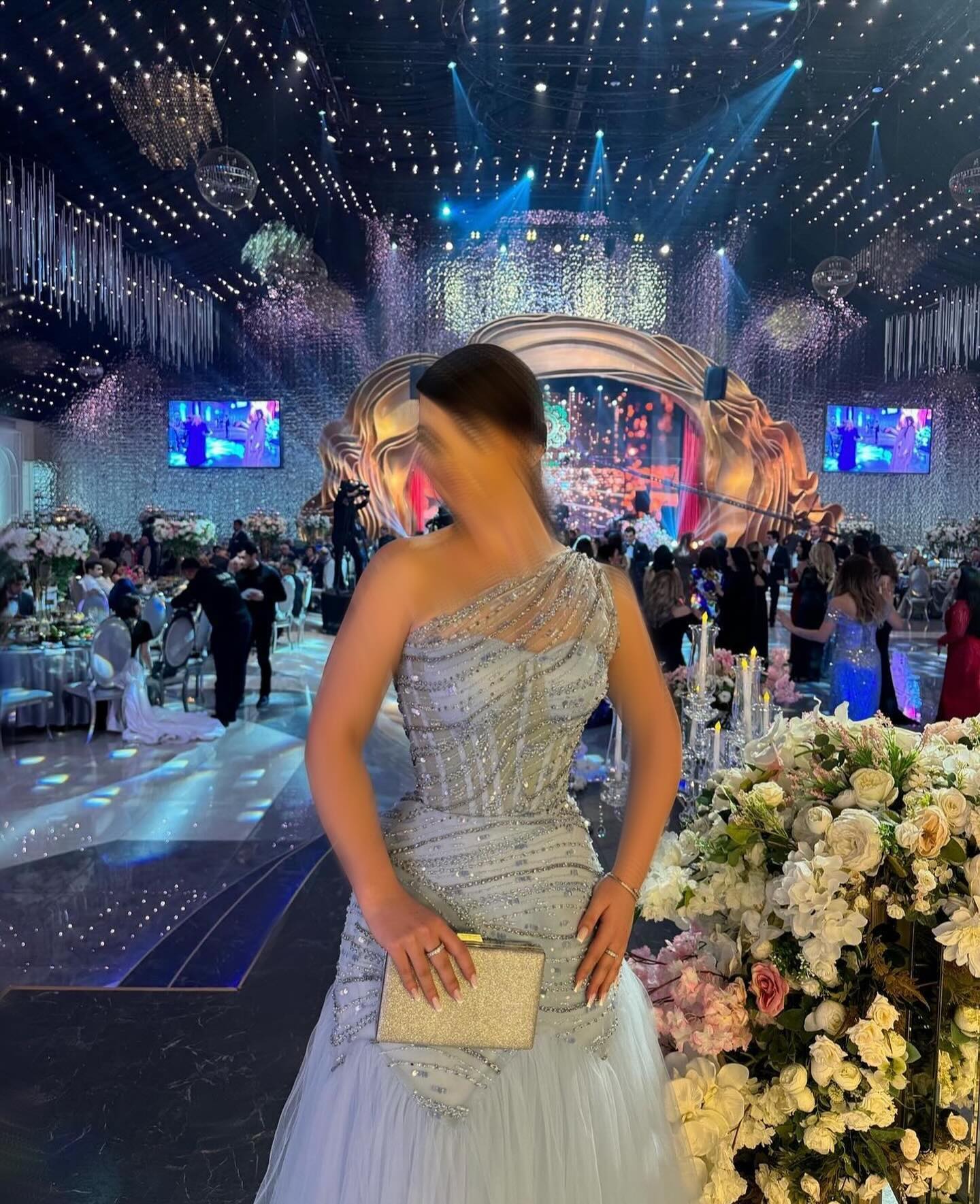 Blue One Shoulder Sheer Sleeveless Tulle A-Line Beaded Sparkle Evening Dress