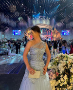 Blue One Shoulder Sheer Sleeveless Tulle A-Line Beaded Sparkle Evening Dress