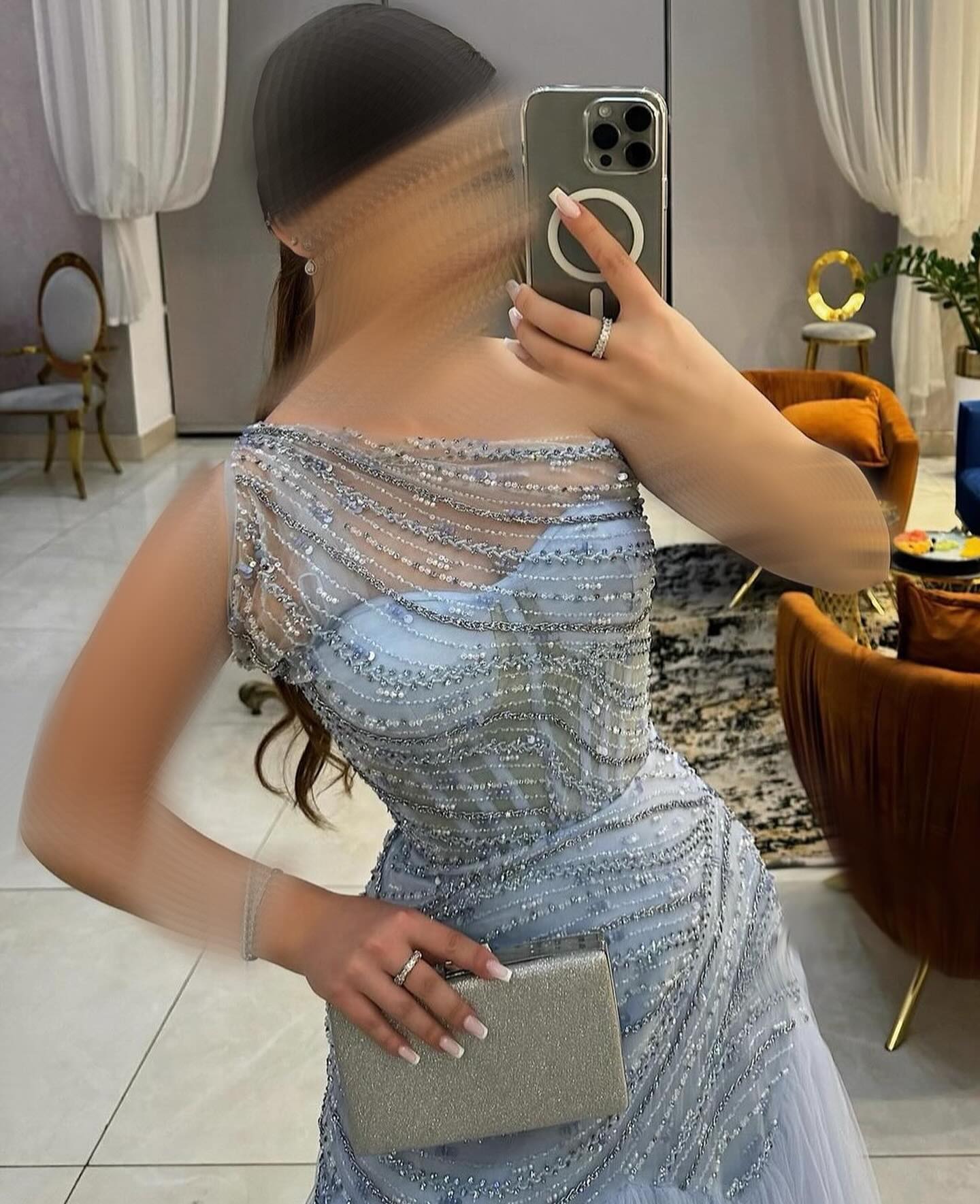 Blue One Shoulder Sheer Sleeveless Tulle A-Line Beaded Sparkle Evening Dress