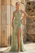 Sage Sheath Halter Sequined Long Prom Dresses With Floral Appliques