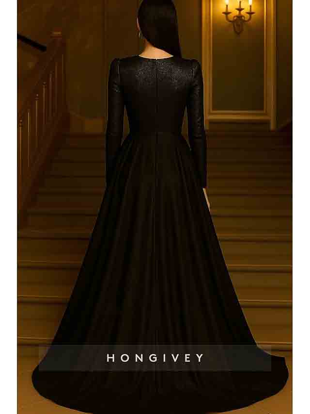 V Neck Sequined Evening Gown A-line Long Sleeve