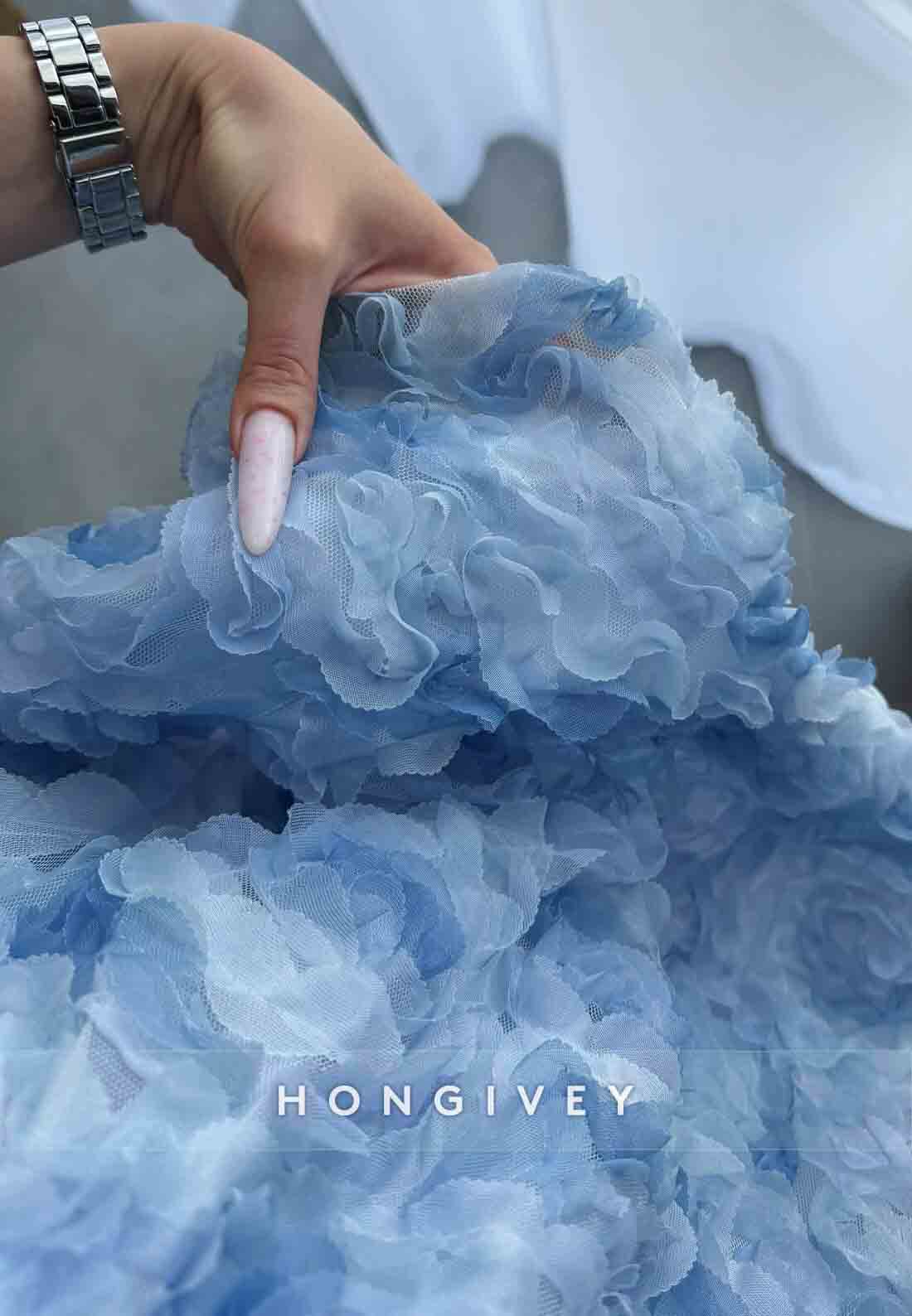 Blue Spaghetti Straps A-Line Square Neck Homecoming Dress with Ruched Flowers