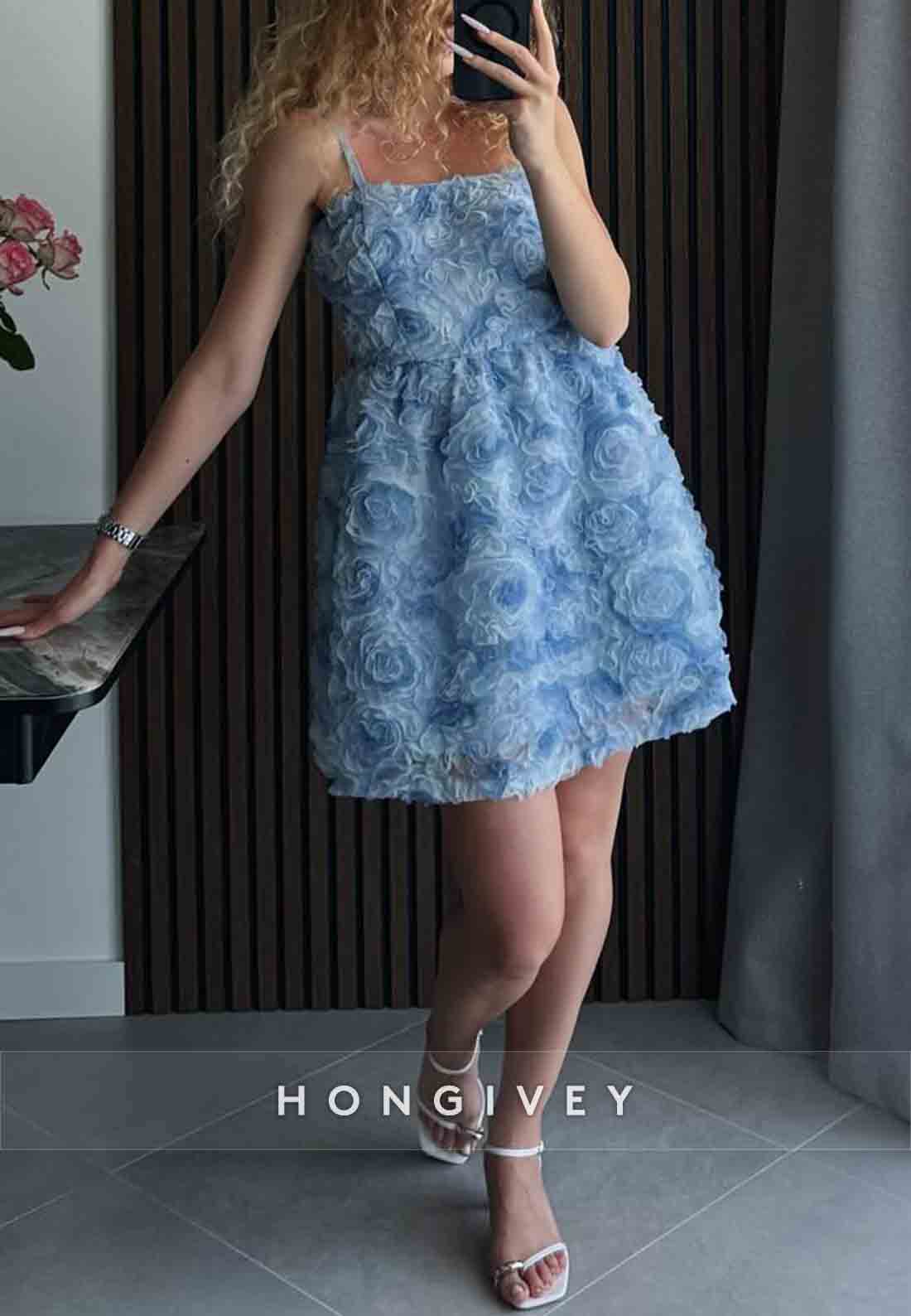 Blue Spaghetti Straps A-Line Square Neck Homecoming Dress with Ruched Flowers