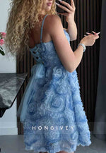 Blue Spaghetti Straps A-Line Square Neck Homecoming Dress with Ruched Flowers