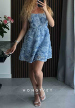 Blue Spaghetti Straps A-Line Square Neck Homecoming Dress with Ruched Flowers