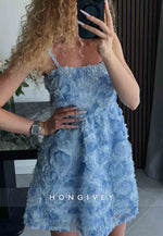 Blue Spaghetti Straps A-Line Square Neck Homecoming Dress with Ruched Flowers