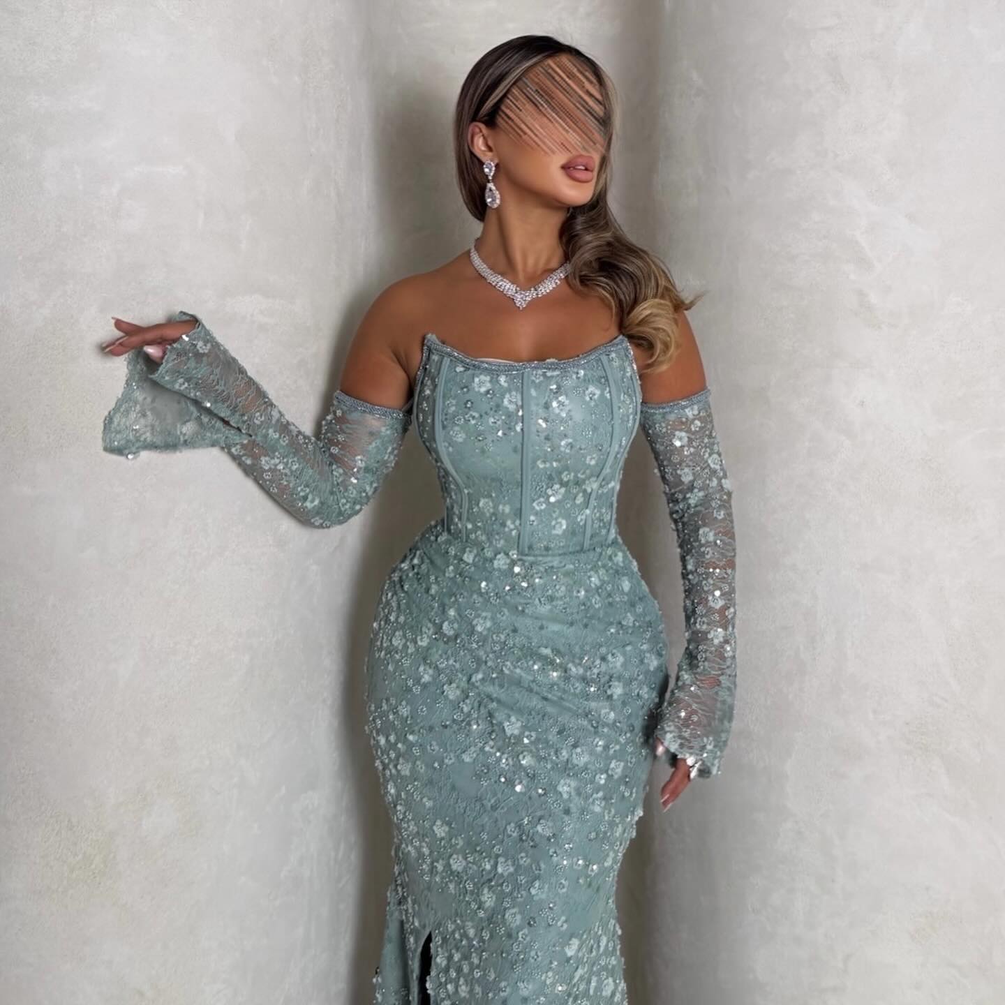 Lace Long Sleeve Strapless Mermaid Evening Dress Sequins Sparkle Flowers