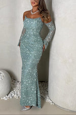 Lace Long Sleeve Strapless Mermaid Evening Dress Sequins Sparkle Flowers