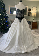 Medieval Black Lace Satin White Wedding Dress with Removable Skirt