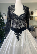 Medieval Black Lace Satin White Wedding Dress with Removable Skirt