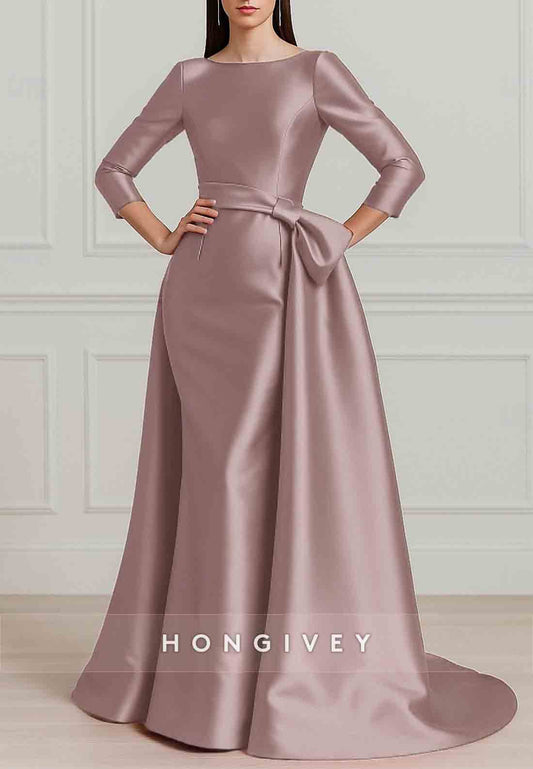 3/4 Sleeve Satin Detachable Bateau Neck Trumpet Evening Gown