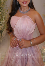 Strapless Light Pink Bowknot Floor-Length Evening Gowns with Ruffles