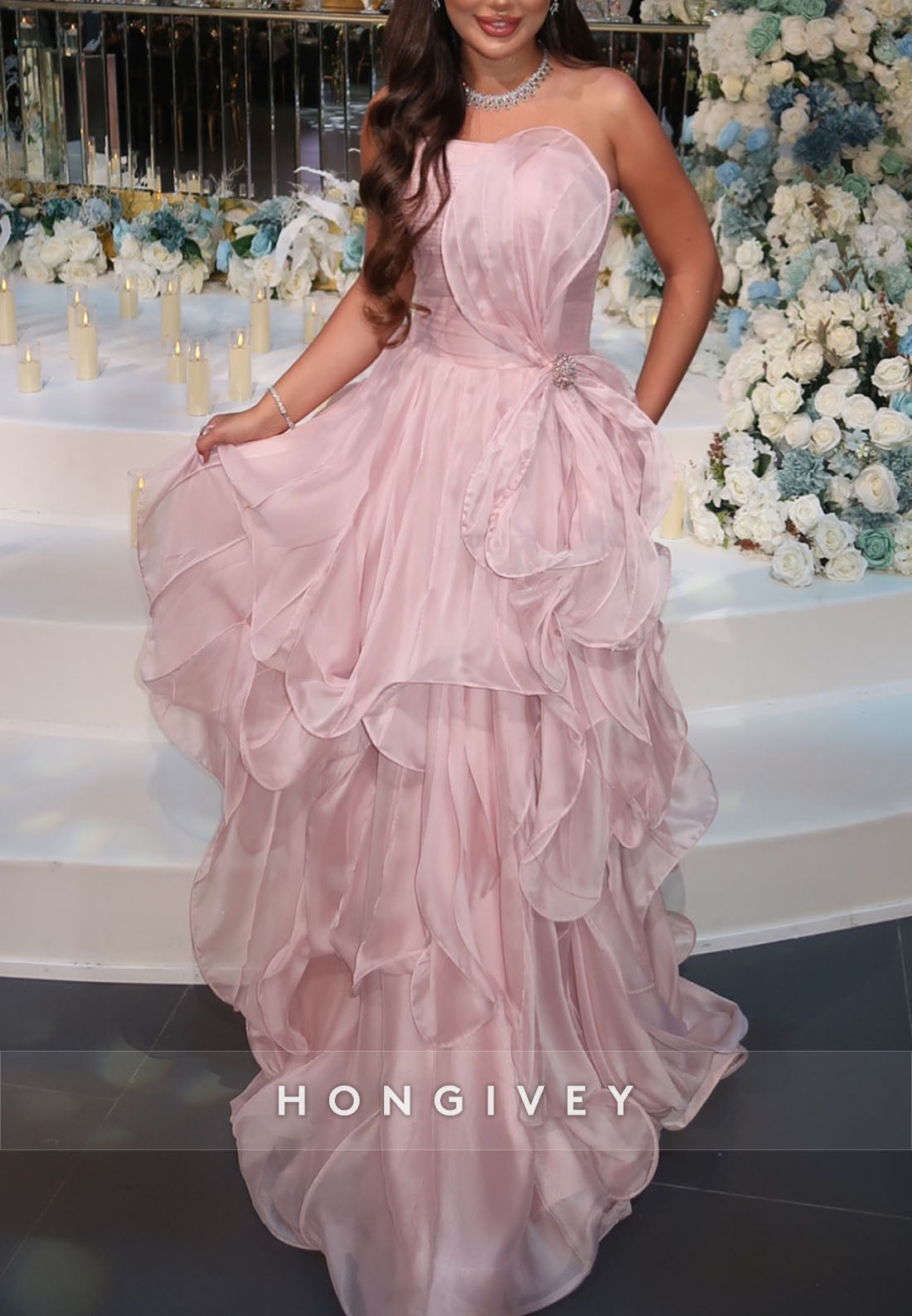 Strapless Light Pink Bowknot Floor-Length Evening Gowns with Ruffles