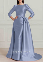 3/4 Sleeve Satin Detachable Bateau Neck Trumpet Evening Gown