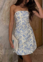 Strapless A-Line Floral Print Mini Homecoming Dresswith Waistband