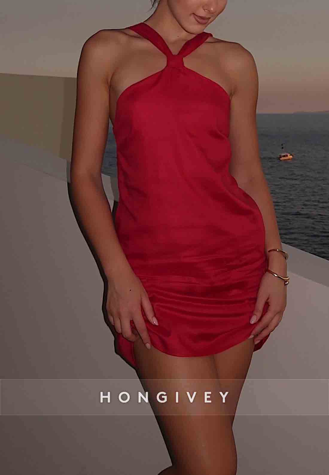 Simple Red Halter Sheath Sleeveless Pleated Mini Homecoming Dress