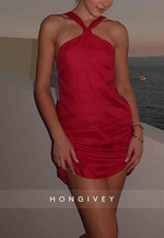 Simple Red Halter Sheath Sleeveless Pleated Mini Homecoming Dress
