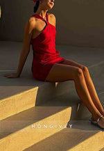 Simple Red Halter Sheath Sleeveless Pleated Mini Homecoming Dress