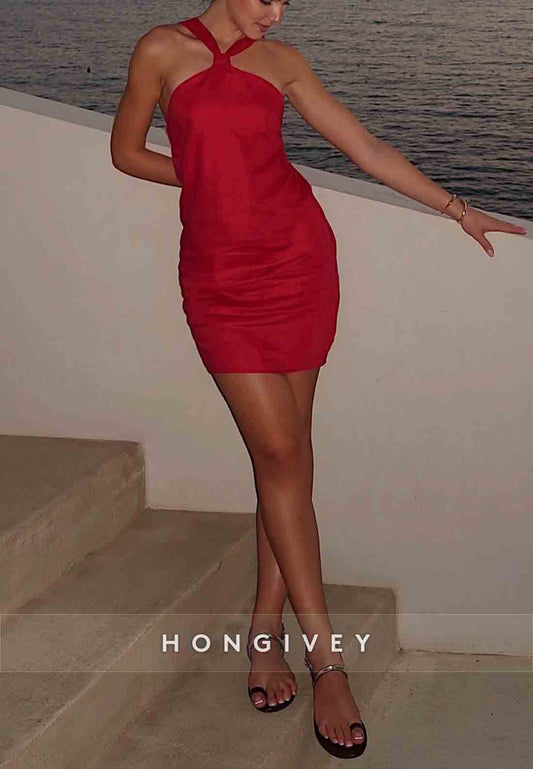 Simple Red Halter Sheath Sleeveless Pleated Mini Homecoming Dress