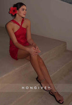 Simple Red Halter Sheath Sleeveless Pleated Mini Homecoming Dress