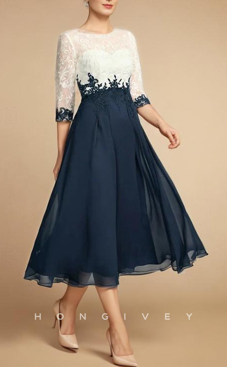 HM218 - A-Line Round Appliques Half Sleeves Mother of the Bride Dress