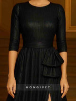 3/4 Sleeve O-Neck A-Line Bow Slit Evening Dress