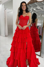 Strapless A Line Chiffon Ruffled Prom Dresses With Appliques