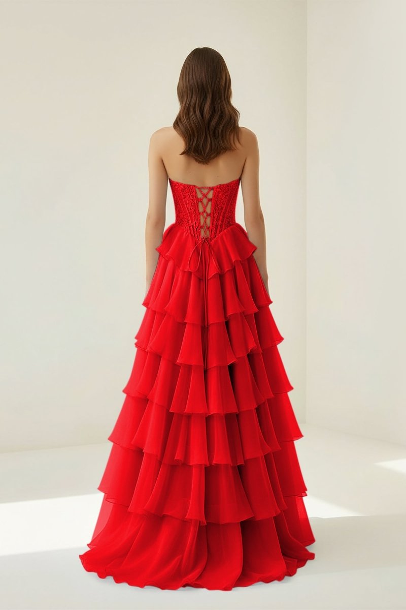 Strapless A Line Chiffon Ruffled Prom Dresses With Appliques