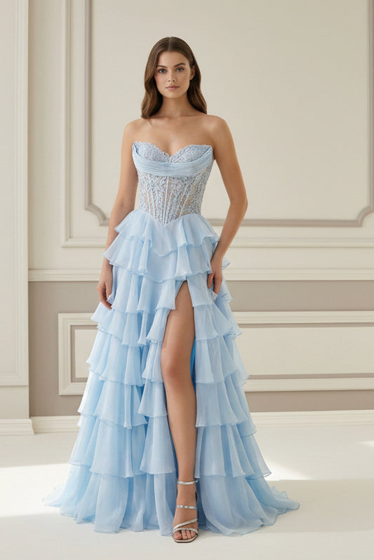 Sky Blue - Strapless A Line Chiffon Ruffled Prom Dresses With Appliques