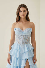 Strapless A Line Chiffon Ruffled Prom Dresses With Appliques