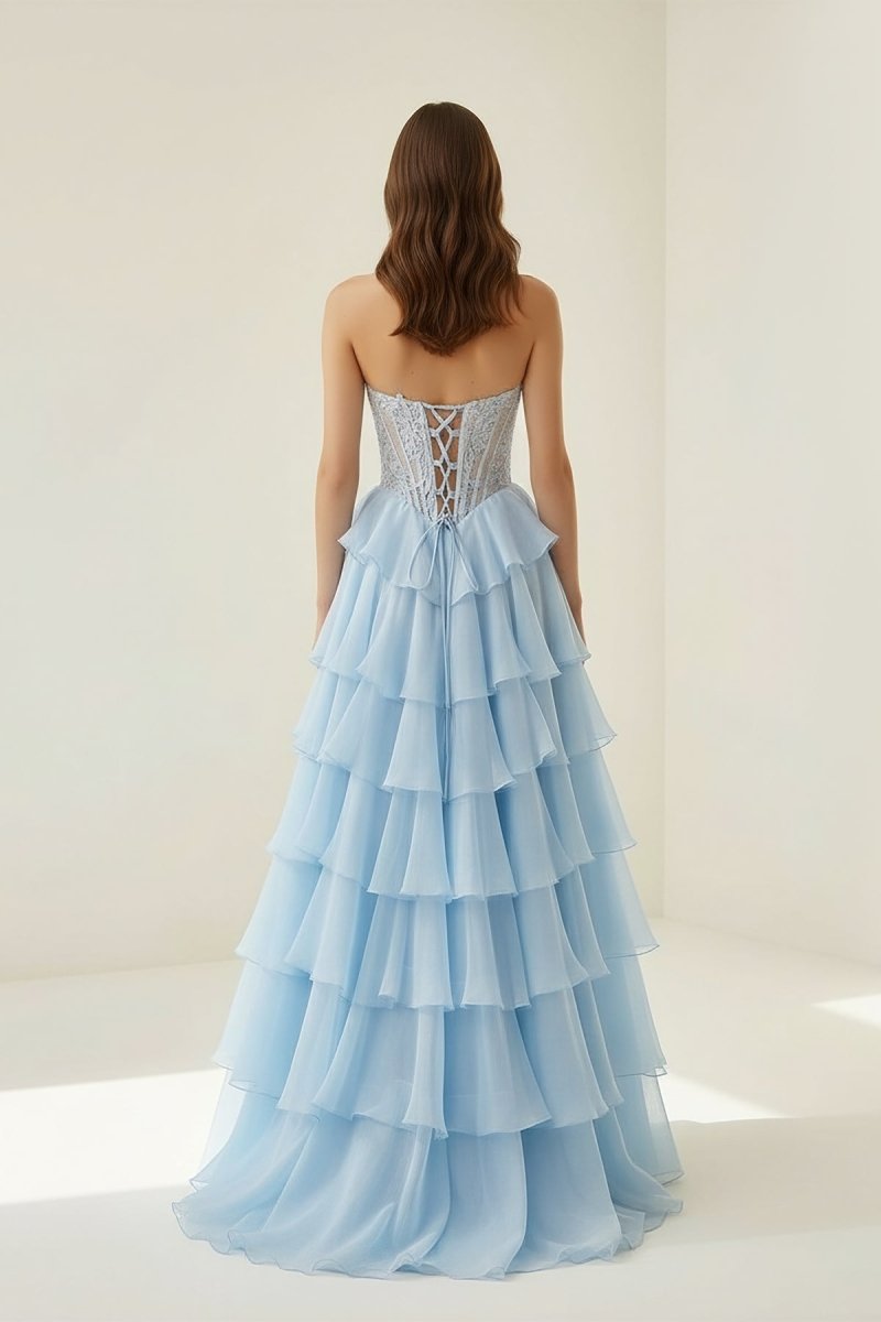 Strapless A Line Chiffon Ruffled Prom Dresses With Appliques