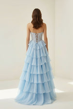 Strapless A Line Chiffon Ruffled Prom Dresses With Appliques