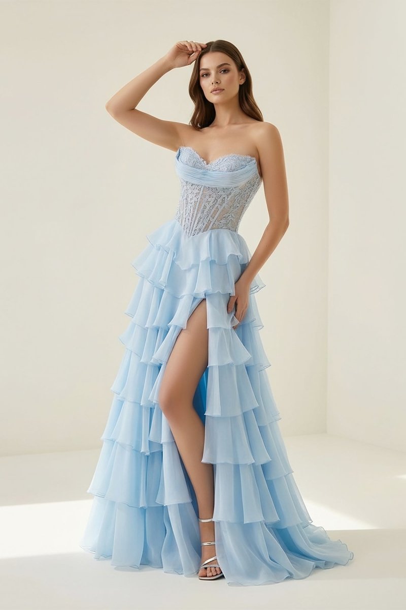 Strapless A Line Chiffon Ruffled Prom Dresses With Appliques