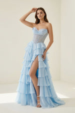 Strapless A Line Chiffon Ruffled Prom Dresses With Appliques