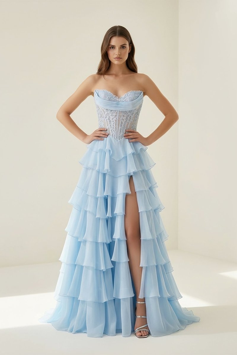 Strapless A Line Chiffon Ruffled Prom Dresses With Appliques