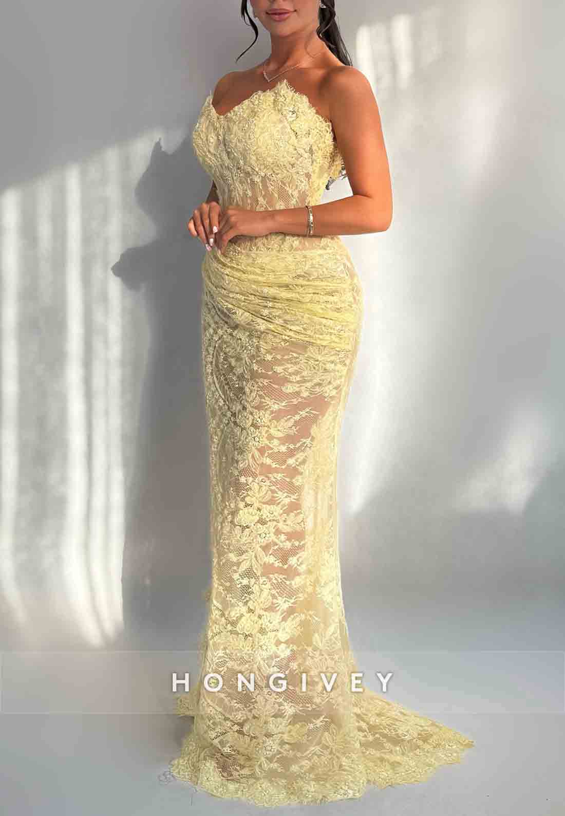 Lace Sweetheart Yellow Column Strapless High Slit Floor-Length Evening Gowns